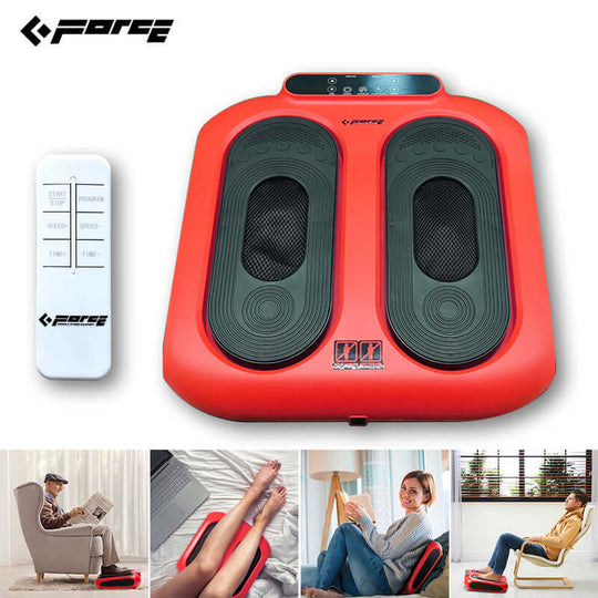 Red foot massager with remote control for pain relief and improved circulation, featuring 10 speed levels and 5 programs.