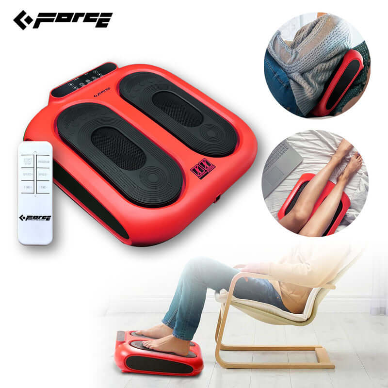 Red foot massager with remote control, designed for pain relief and improving circulation, featuring multiple massage modes.