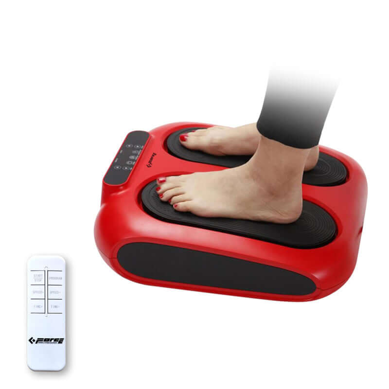 Red massage foot massager with remote control, designed to relieve pain and improve circulation, featuring vibration and oscillation.