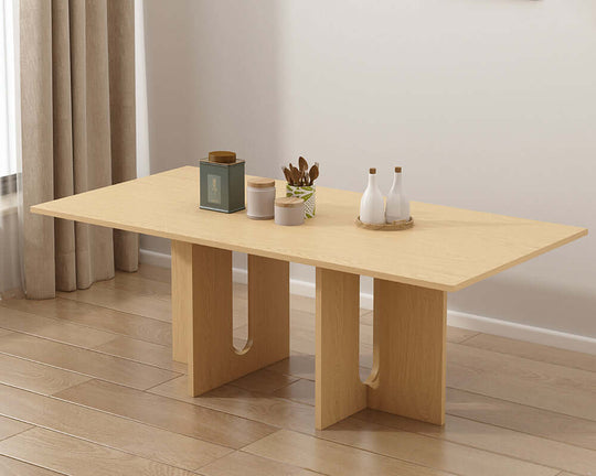 Elegant walnut dining table for six, featuring a luxe melamine finish and sturdy MDF build. Affordable quality for DIY decorators.