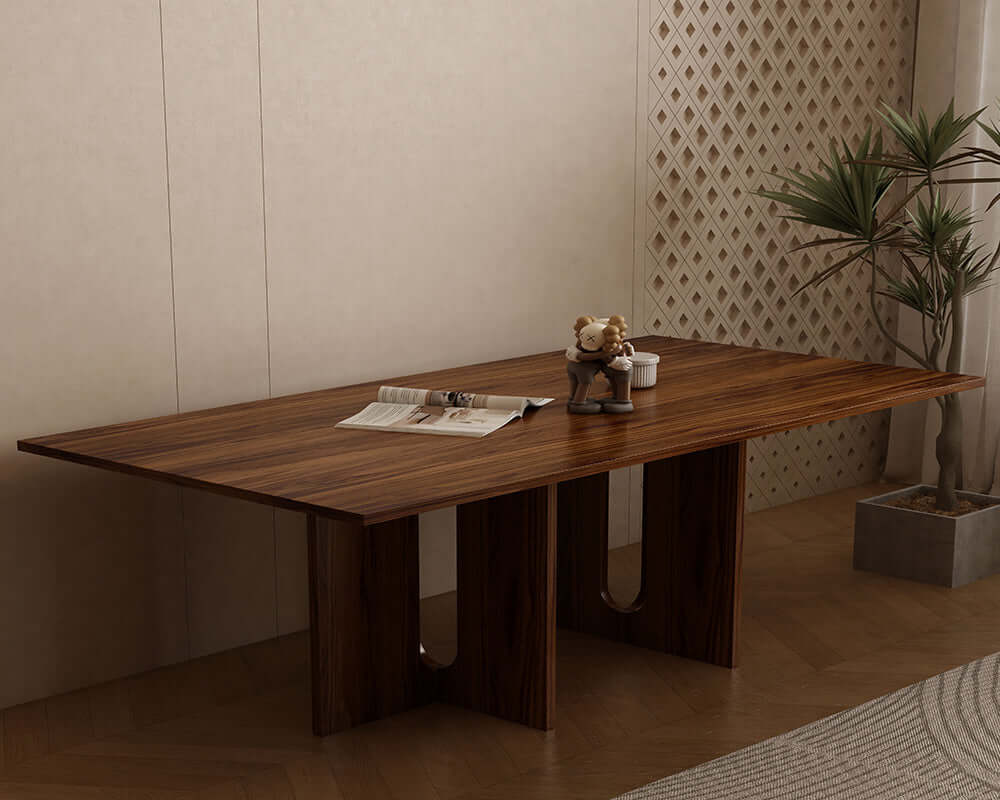 Walnut melamine dining table for six, DIY-friendly, offering affordable luxe style and quality in a durable MDF build.