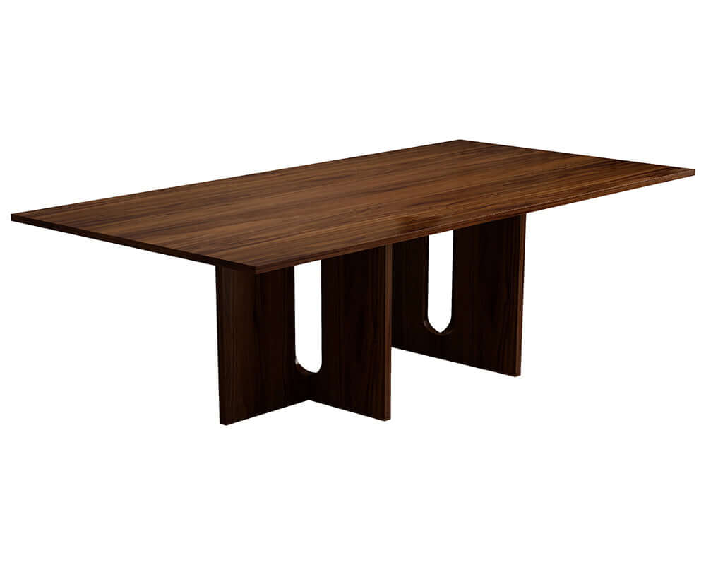 Affordable walnut melamine dining table for 6, showcasing luxe oak finish and sturdy MDF build, perfect for DIY enthusiasts.