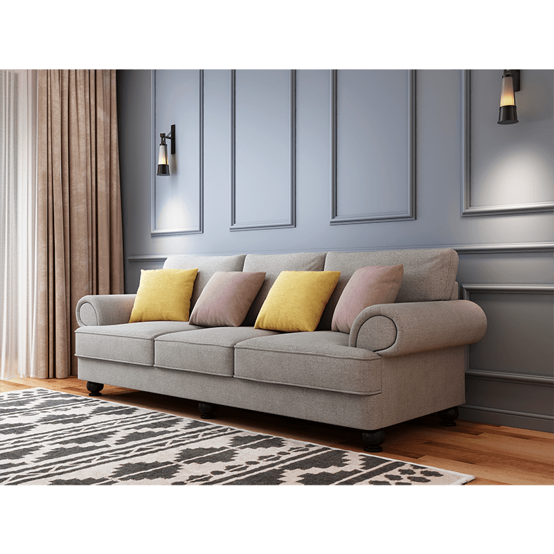 Grey Cloud Nine 3-Seater Sofa with colorful cushions, affordable luxe design for cozy living rooms. Quality and cheap DIY comfort.