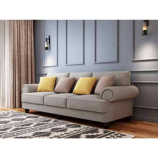 Grey Cloud Nine 3-Seater Sofa with colorful cushions, affordable luxe design for cozy living rooms. Quality and cheap DIY comfort.