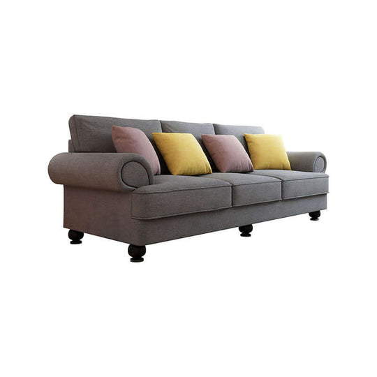 Slate grey Cloud Nine 3-seater sofa with colorful cushions, offering luxe comfort and affordable quality for cozy DIY spaces.