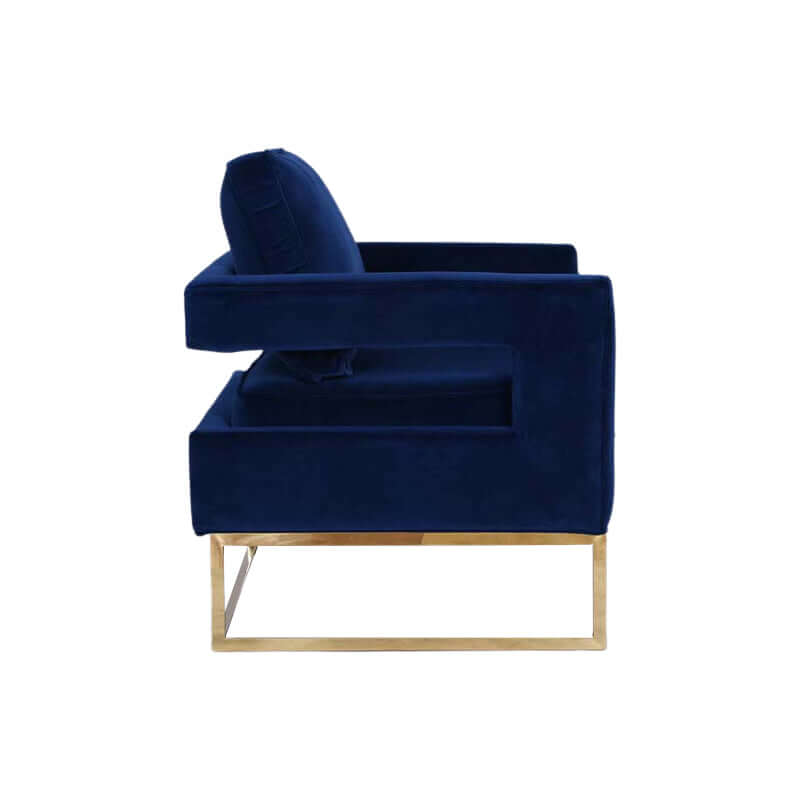 Affordable luxe blue velvet accent chair with golden frame, perfect for DIY interiors and quality home decor.