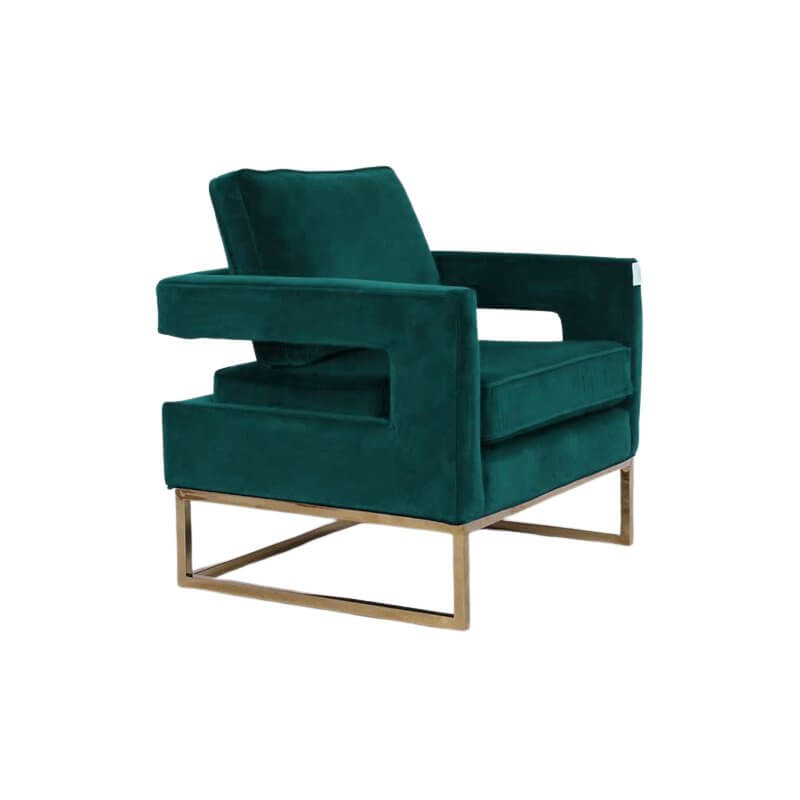 Luxurious green velvet accent chair with a golden frame, offering affordable style and quality for DIY home decor enthusiasts.