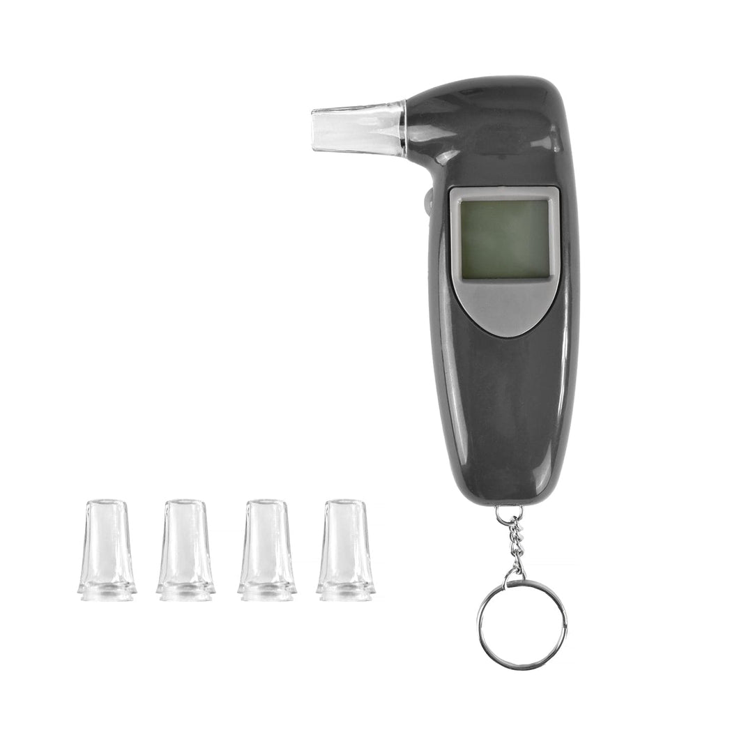 Affordable digital LCD alcohol breathalyzer with keychain and 5 mouthpieces for DIY testing.