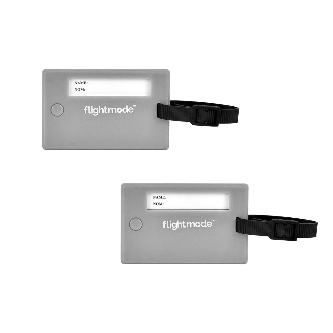 2 Pack Flexible Strap Handy Swivel ID Tags in grey for easy luggage identification, made of durable plastic.