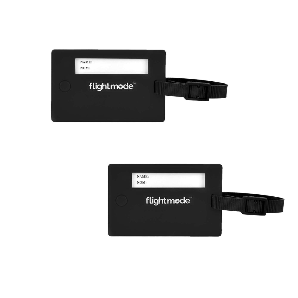 Affordable 2 pack flexible strap black luggage ID tags with swivel panels for easy identification.