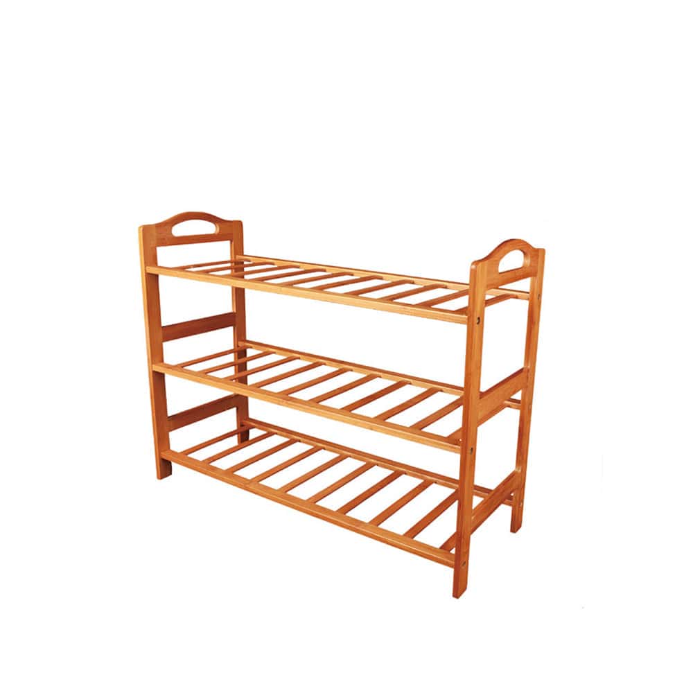 Bamboo 3-tier shoe rack organizer with slatted design, perfect for stylish and affordable shoe storage in any home.