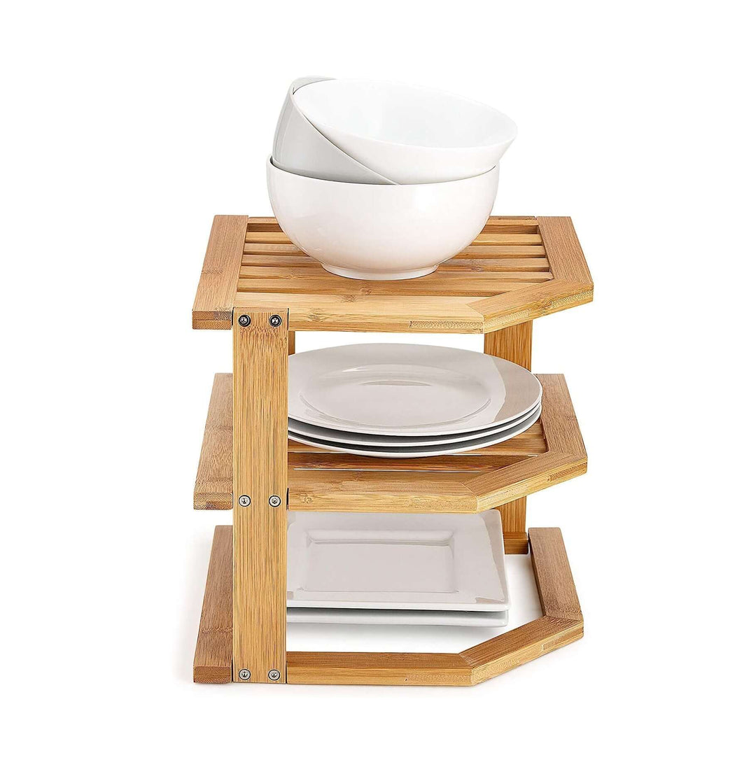 3-tier bamboo kitchen rack organizer with bowls and plates, providing affordable and quality storage in a stylish design.