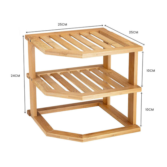 Three-tier bamboo kitchen rack organizer with measurements, perfect for affordable and quality kitchen storage solutions.