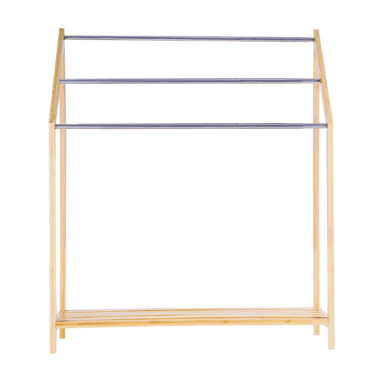 85cm standing towel rack with bamboo frame and metal 3-tier bars, perfect for organizing towels and robes.