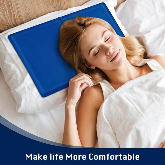 Woman sleeping with a cooling gel pillow, promoting affordable comfort and restful sleep.