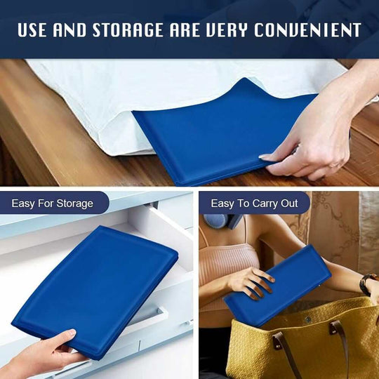 Cooling gel pillow showing convenient storage and portability for easy use and travel.