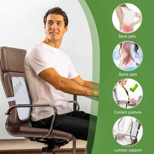 Man sitting with 2x Bamboo Memory Foam Lumbar Cushion for back pain relief and correct posture support.