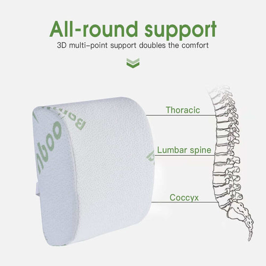 Bamboo memory foam lumbar cushion with 3D multi-point support for thoracic, lumbar spine, and coccyx alignment.