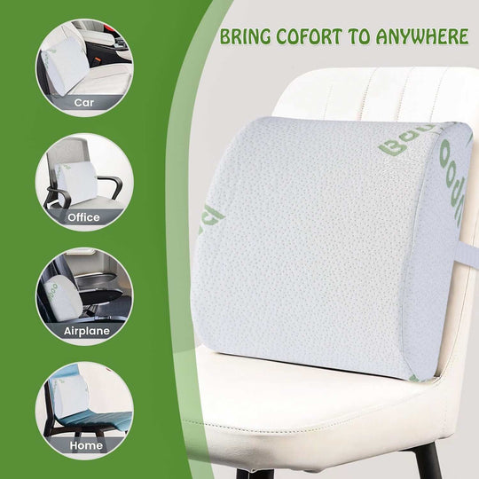 Bamboo memory foam lumbar support cushion for car, office, airplane, and home comfort.