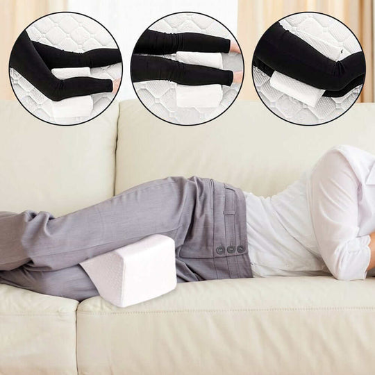 Memory Foam Sciatica Relief Leg Pillow providing comfort and support for lower back, hips, and knees while sleeping.