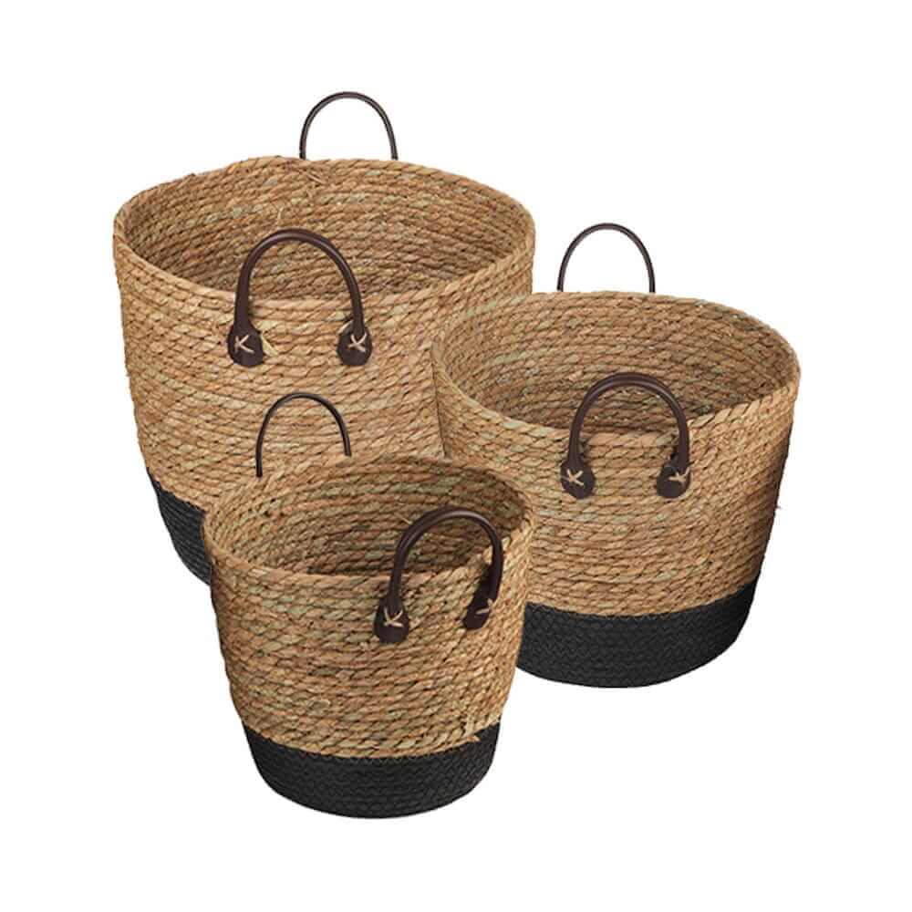 3 piece set of handmade cotton rope storage baskets with carry handles for stylish organization in any home.