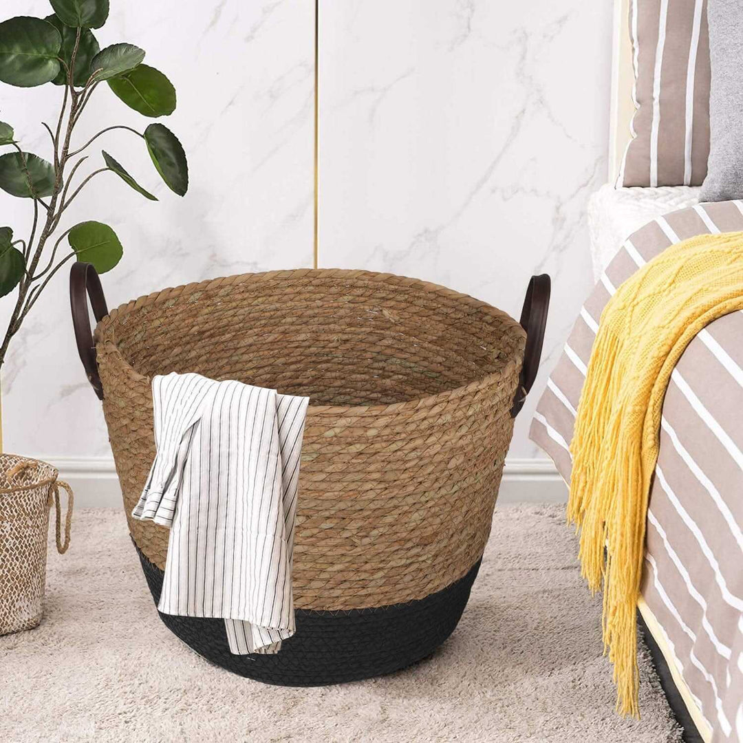 Affordable 3-piece cotton rope storage basket with carry handles, perfect for stylish organization in any room.