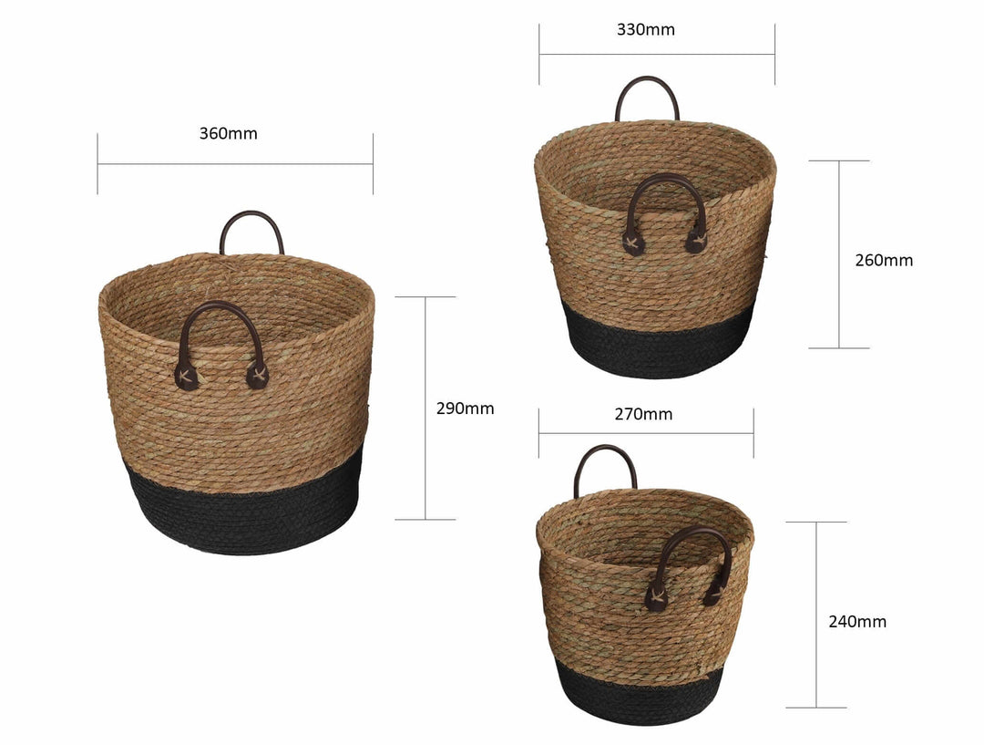 3 piece cotton rope storage baskets set with carry handles, showcasing dimensions and quality design for affordable home storage.