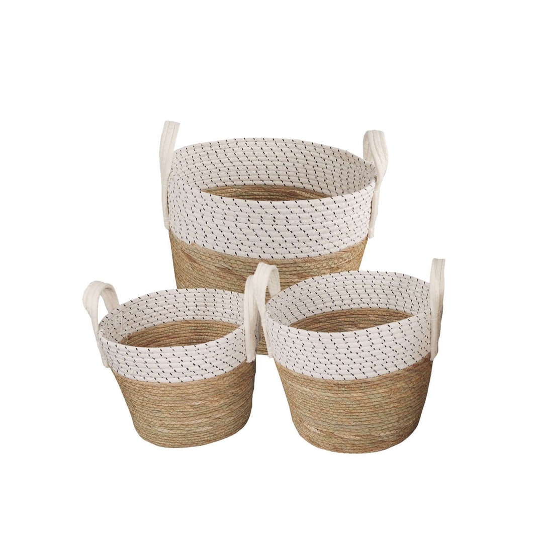 Three handmade cotton rope storage baskets with carry handles in various sizes, perfect for affordable and stylish organization.