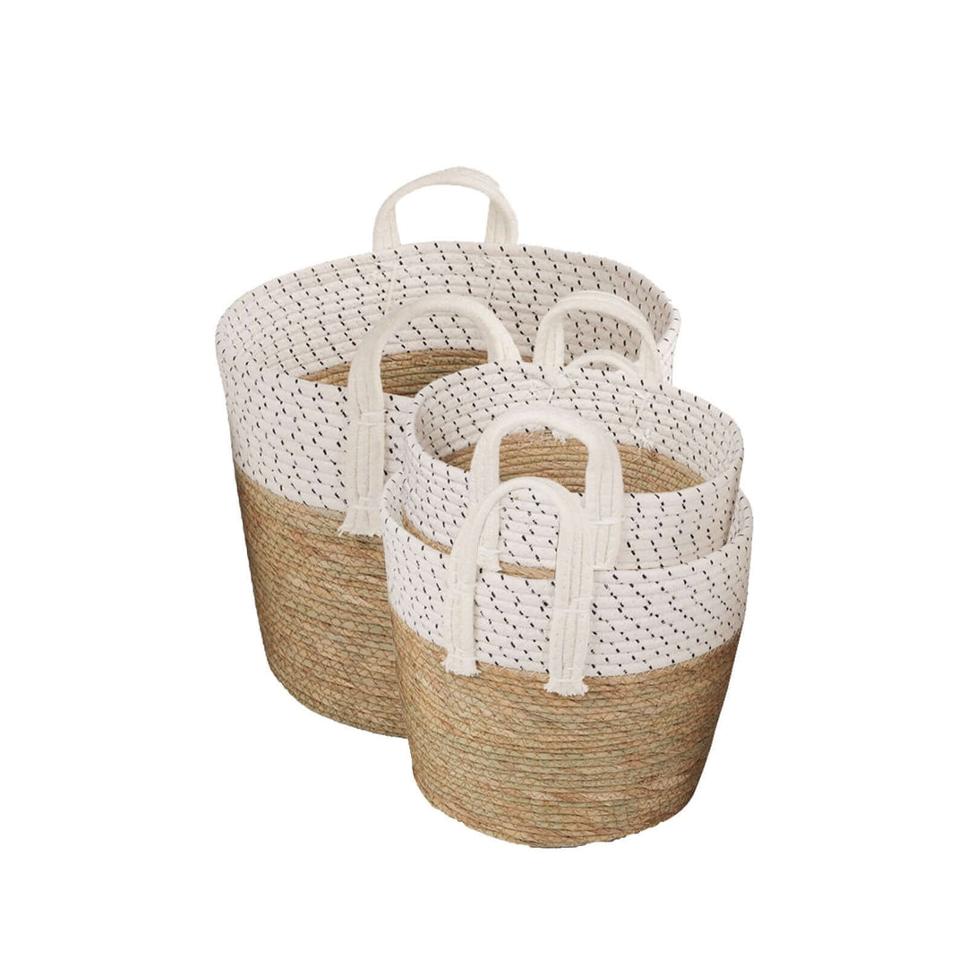 Set of three handmade cotton rope storage baskets with carry handles in striped design, affordable and stylish home decor.