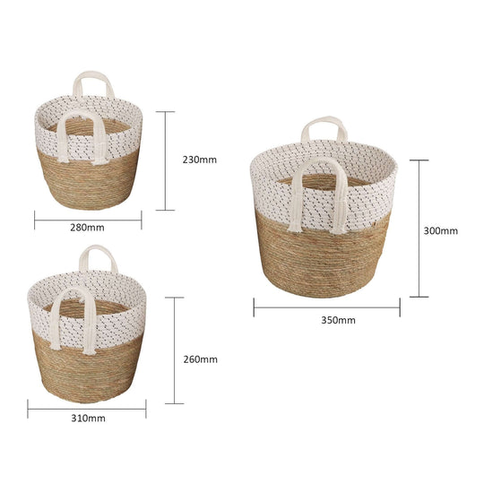 Set of three cotton rope storage baskets with handles, featuring dimensions for small, medium, and large sizes. Affordable and quality storage.