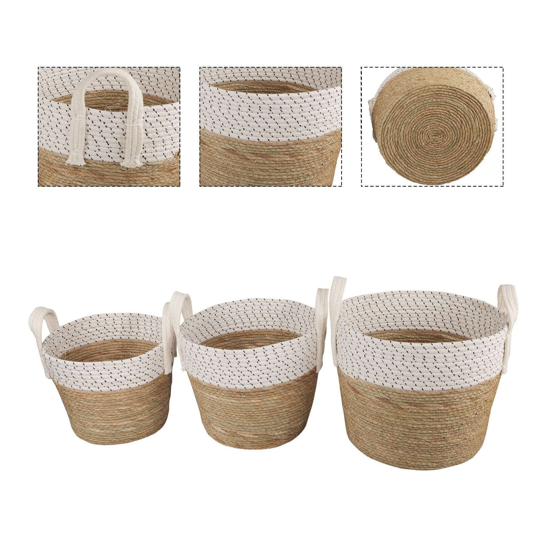 Affordable 3 piece cotton rope storage baskets with carry handles for indoor organization, showcasing stylish design and quality craftsmanship.