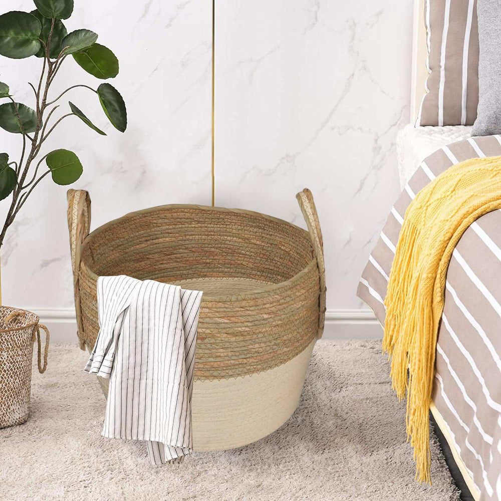 Affordable handmade cotton rope storage basket with handles, perfect for organizing and enhancing home decor.