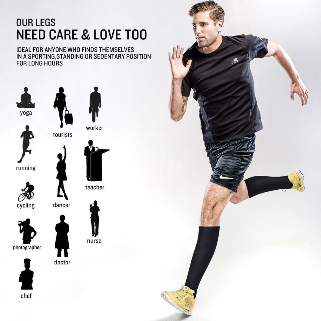 Man running in knee-high compression socks, promoting comfort and support for active and sedentary lifestyles.