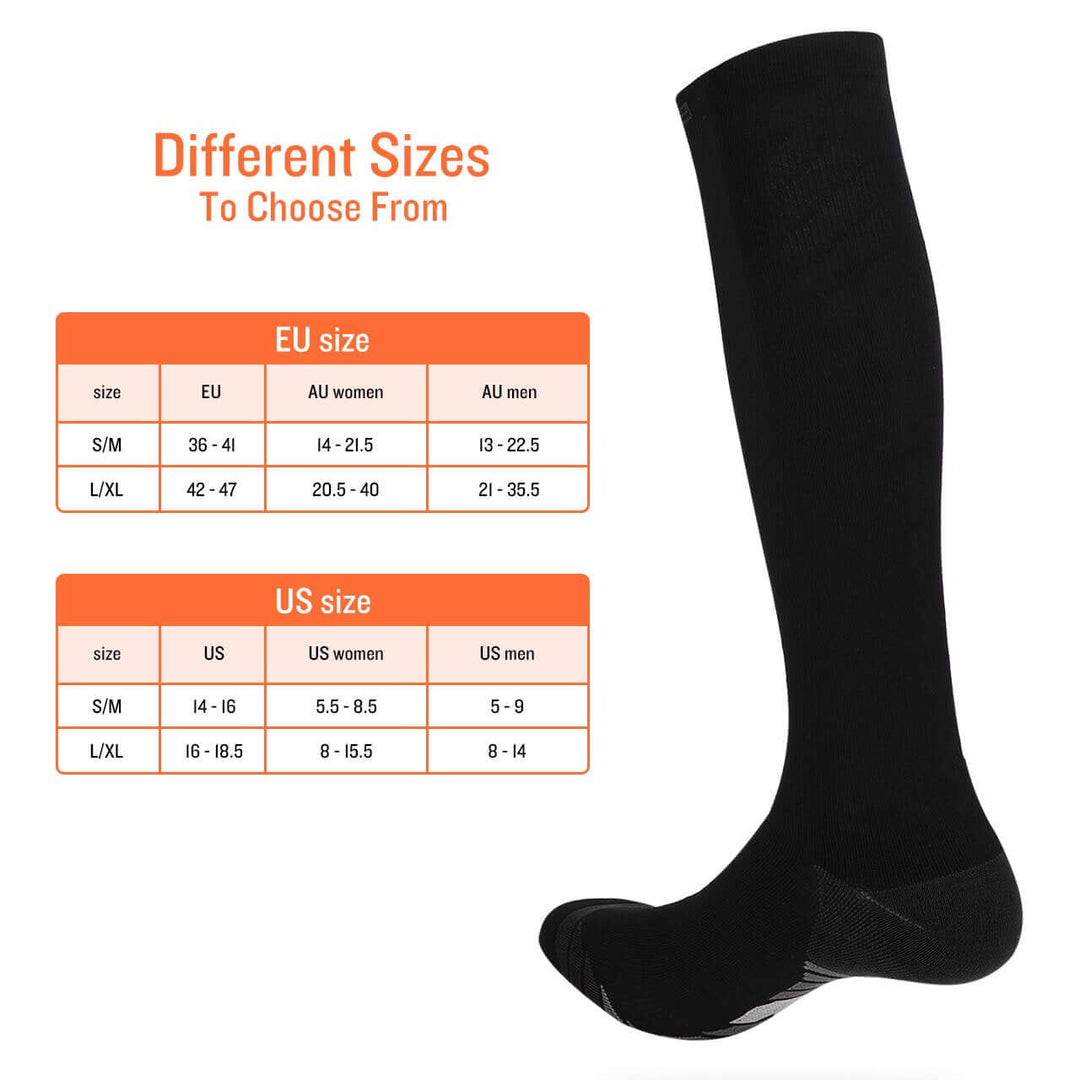 Size chart for 2x Miracle Compression Socks, showing EU and US sizes for Large/XL options.