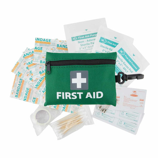 43 Piece Mini Emergency First Aid Kit in green pouch with hospital grade supplies, compact, affordable and portable.