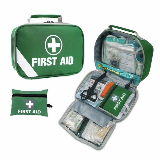 258-piece premium first aid kit in green bag, ideal for emergency preparedness at home or on the go.