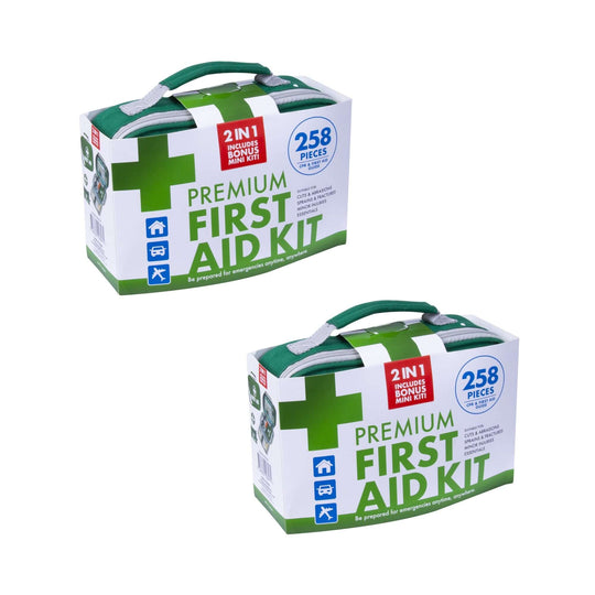 Affordable Premium 2-in-1 Emergency First Aid Kit featuring 258 essential pieces for home and car safety.