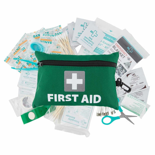 Affordable 92-piece emergency first aid kit with green pouch, bandages, scissors, and other surgical supplies.