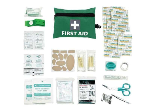 Affordable 92-piece first aid kit essentials in a green pouch for home, car, or work safety.