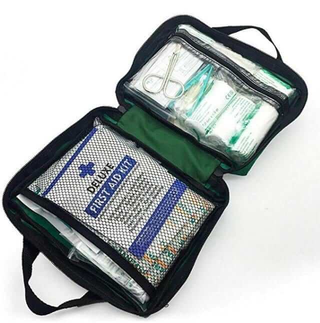 420 Piece Deluxe Emergency First Aid Kit open, showcasing organized contents for quick access during emergencies.