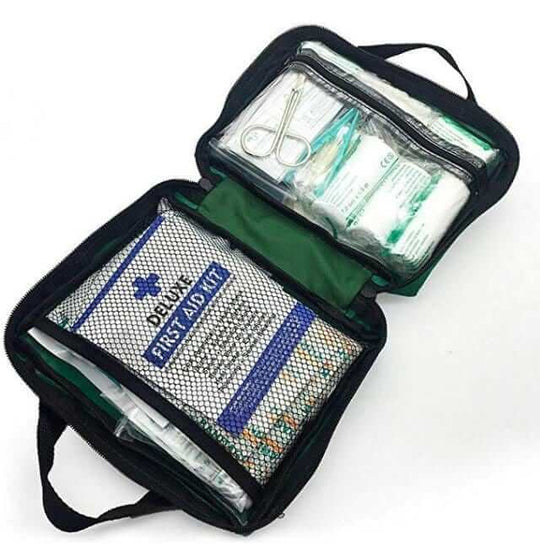 420 Piece Deluxe Emergency First Aid Kit open, featuring organized supplies for quick access, affordable quality DIY solution.