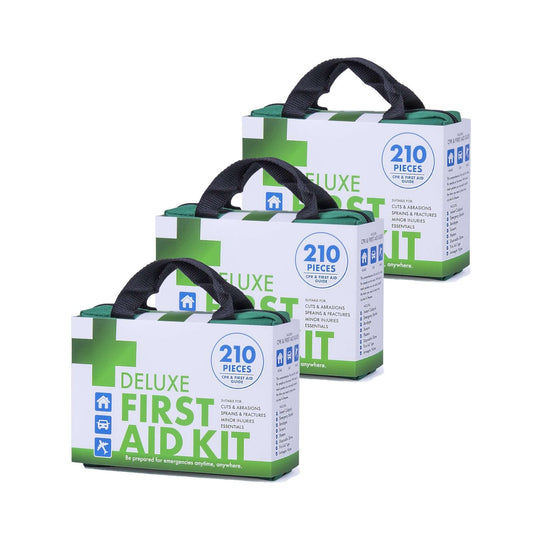 Three 210-piece Deluxe First Aid Kits, affordable and quality emergency supplies for home, car, and work.