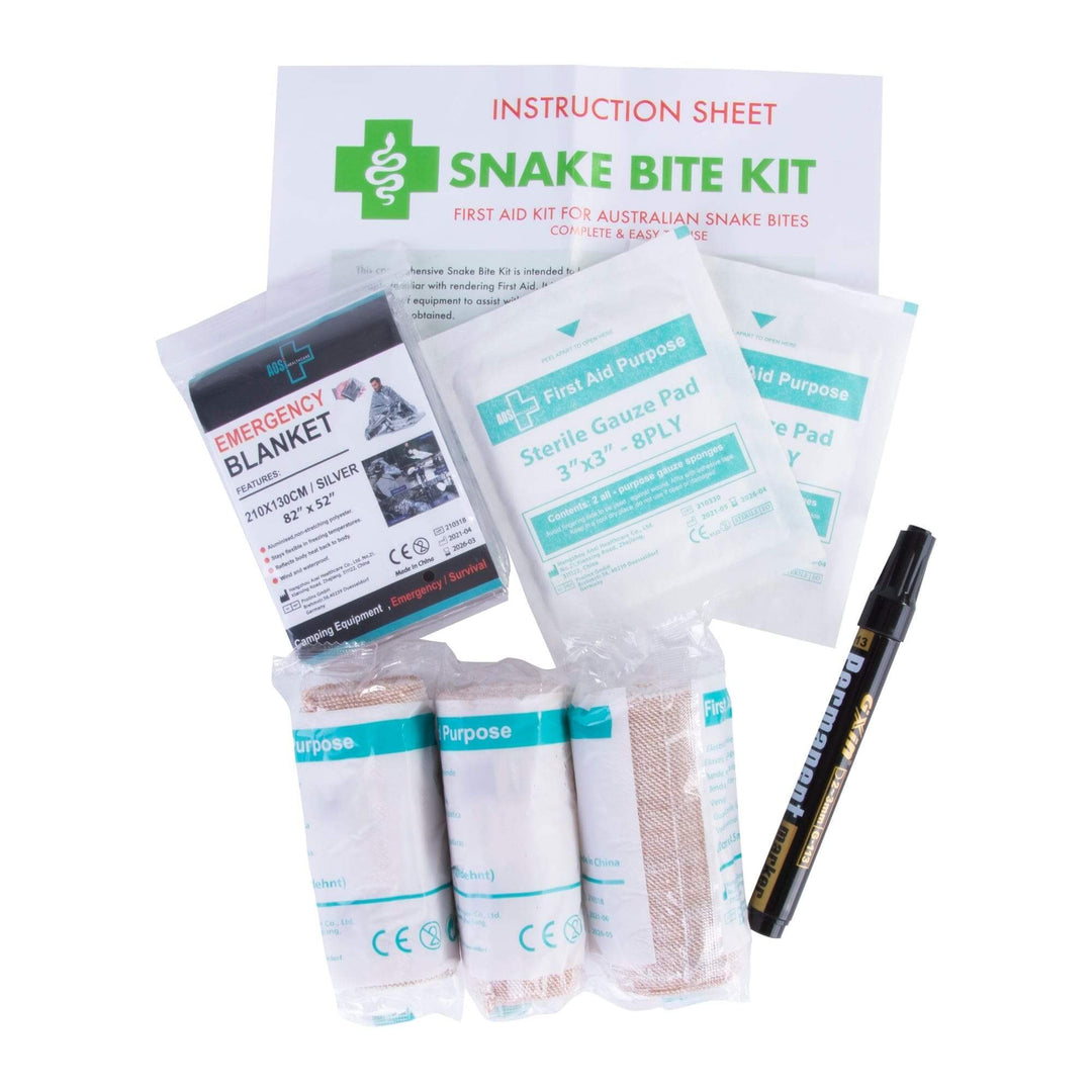 Snake Bite Emergency First Aid Kit contents, including blanket, gauze pads, and more for effective treatment.