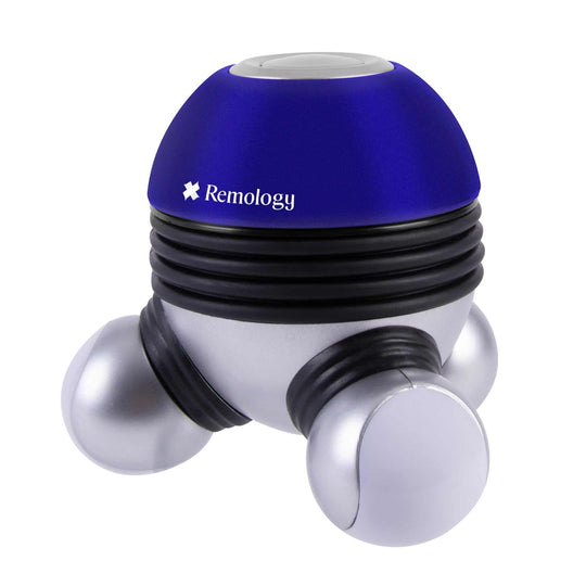 Remology Mini Therapy Handheld Massager in blue and silver, offering affordable DIY muscle relief with ergonomic design.