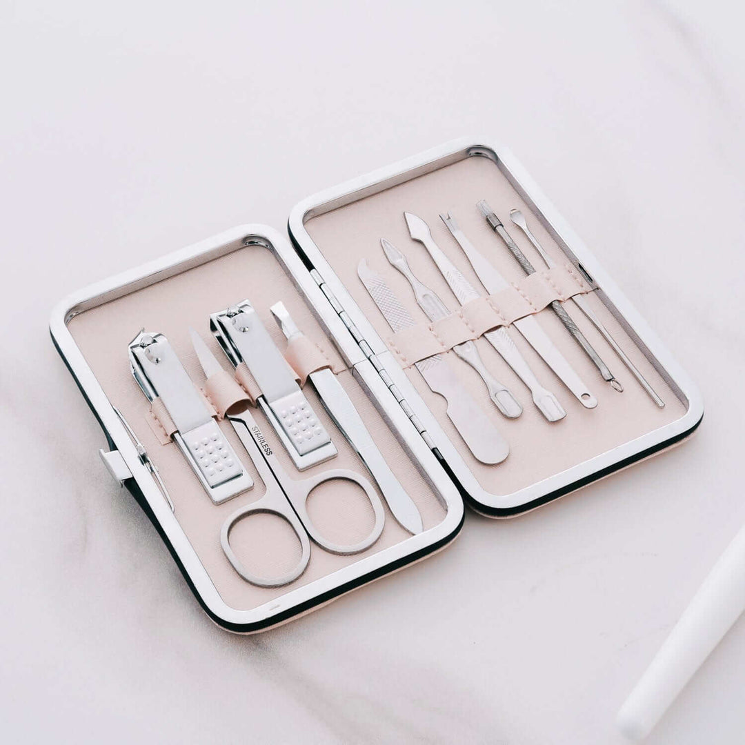 Remology 10pc stainless steel manicure set in a compact case, perfect for affordable DIY beauty care.