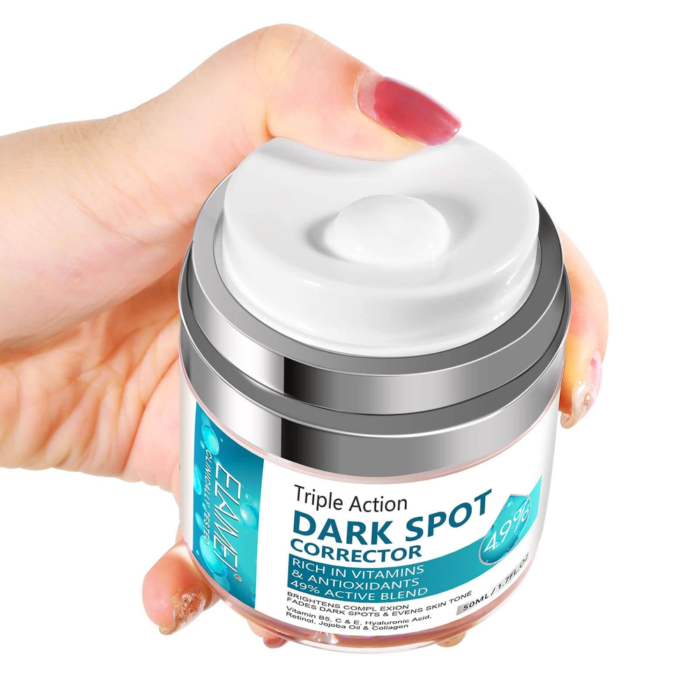 Age spot cream jar in hand, targeting dark spots, freckles, and skin pigmentation for an even complexion.