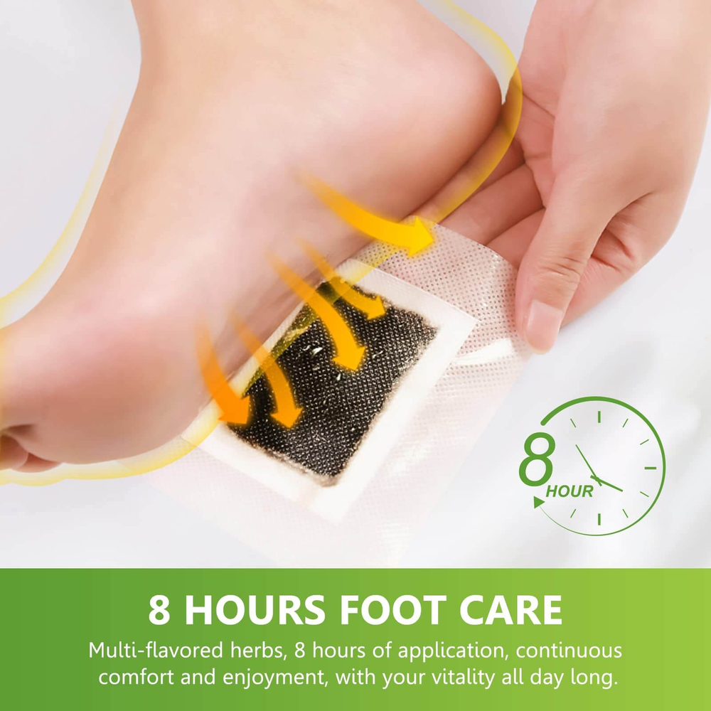 Natural bamboo vinegar foot pad providing 8 hours of foot care, detoxifying and rejuvenating while you rest.