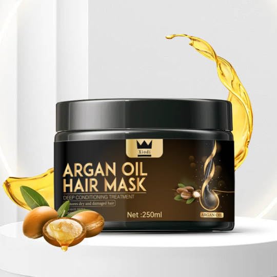 Xiodi Argan Oil Hair Mask in a black jar with gold accents, promoting hydration for dry, damaged, and dandruff-prone hair.