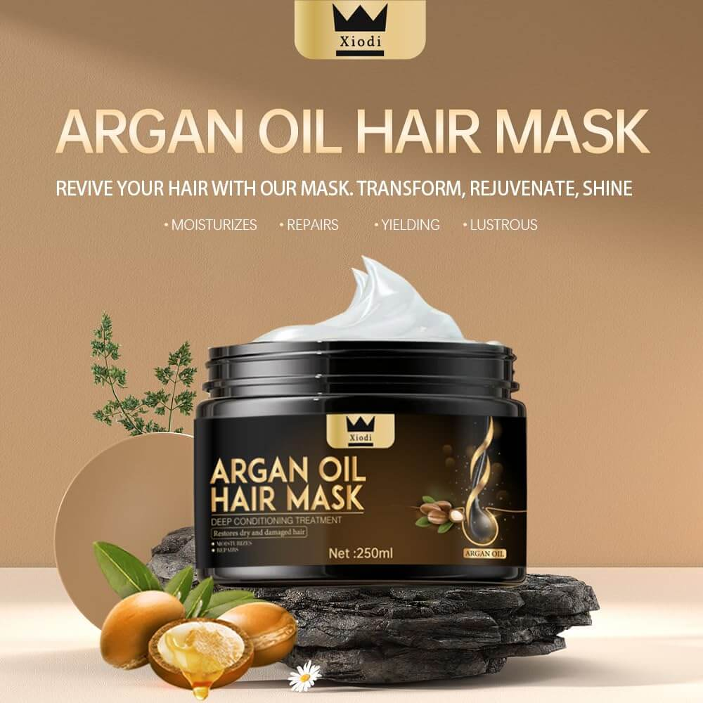 Xiodi Argan Oil Hair Mask for moisturizing, repairing, and rejuvenating hair, featuring pure argan oil treatment in a 250ml jar.