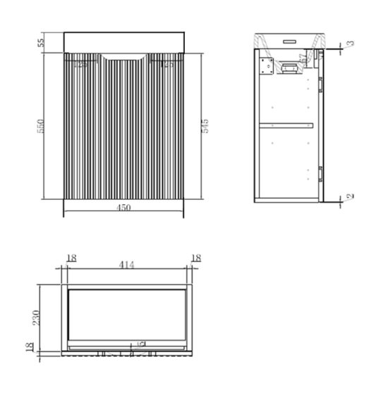 Dimensions and design layout of the 450x250x550mm Vienna American Oak Wall Hung Mini Vanity, showcasing fluted style and door.